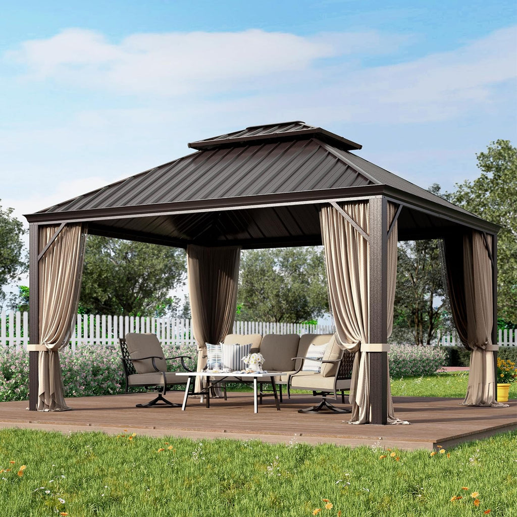 12 X 14ft Hardtop Gazebo with Nettings and Curtains, Heavy Duty Double Roof Galvanized Steel