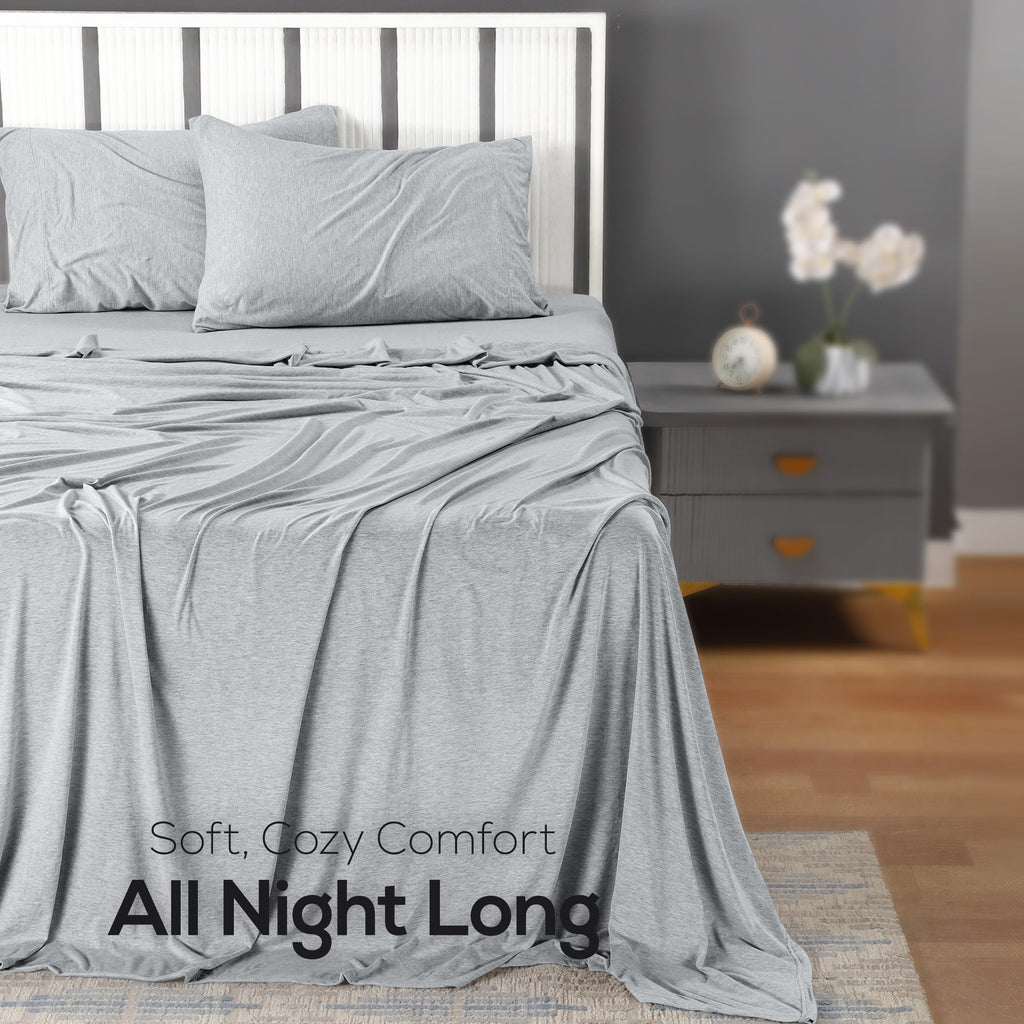 Jersey Knit Sheets 4 Piece, Cotton T-Shirt Feel, Heather Light Grey