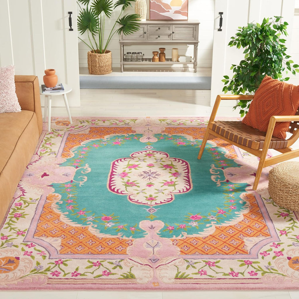 Area Rug 8x10 - Bellagio - Large - Blue & Pink, Handmade Wool, Medallion Design