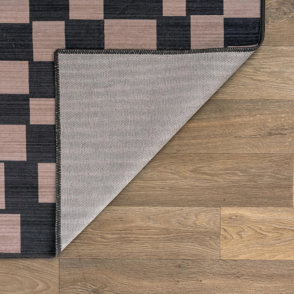 Checkered Machine Washable Non-Slip Area Rug, Dark Gray/Taupe