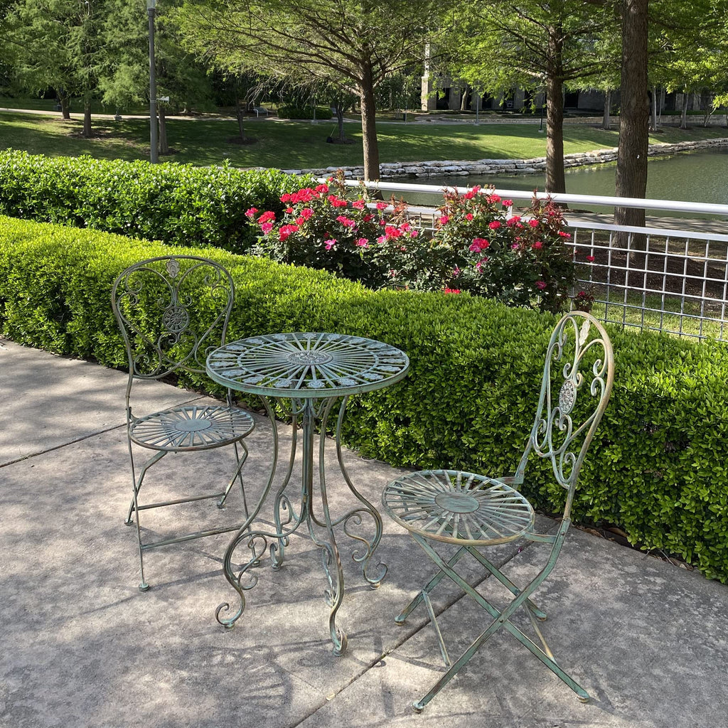 Folding Metal Bistro Outdoor Chair for Outside Patio with Peacock Tail Motif, Set of 2