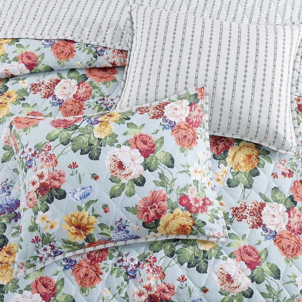 Floral Quilt Set Queen, 3 Piece Reversible Lightweight Soft Bedspread Coverlet, Garden Farmhouse Botanical Diamond