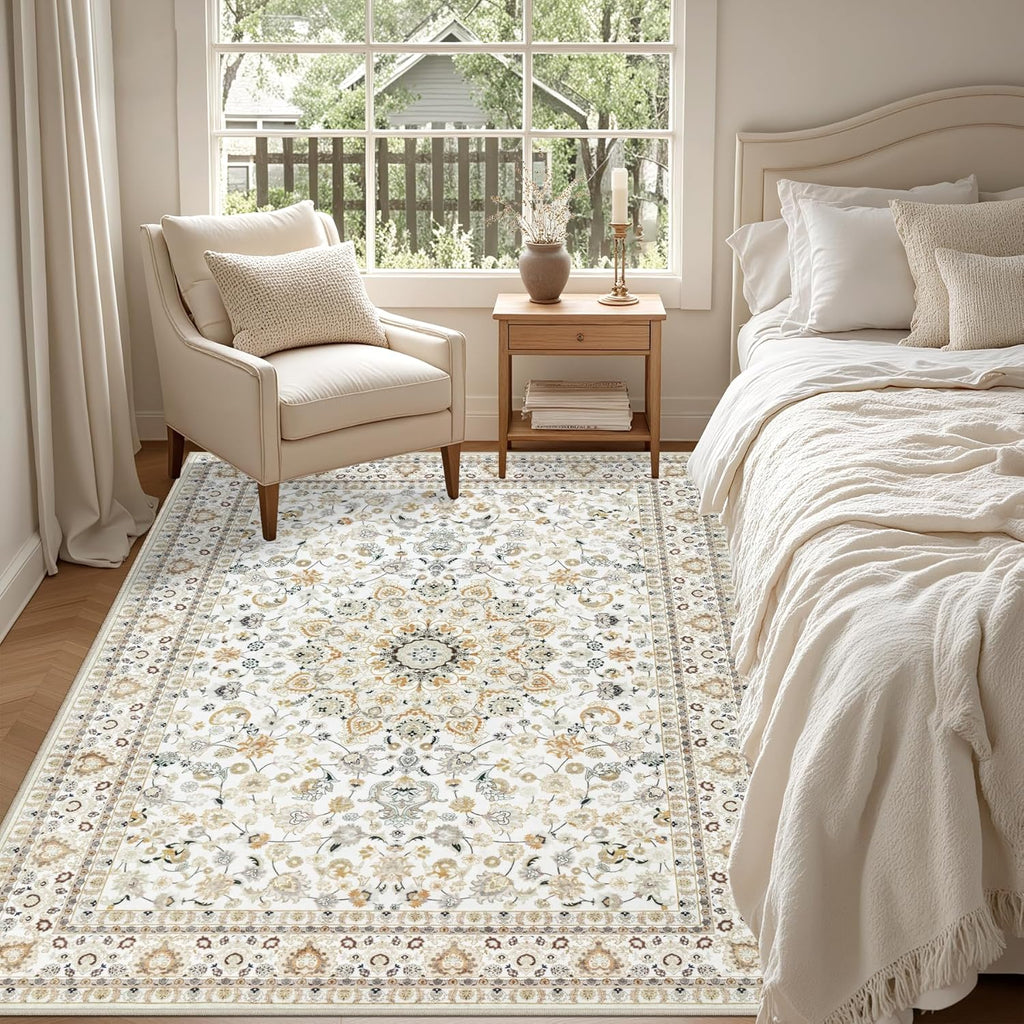 5x7 Area Rugs Living Room Rug: Washable Vintage Boho Rug No Slip Stain Resistant Soft Carpet Indoor Floor Floral