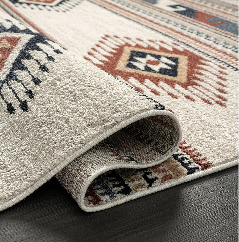 Multicolor Southwestern Design Area Rug - Non-Shed Orange, Grey & Beige Tribal Pattern Dining Room Carpet Rugs