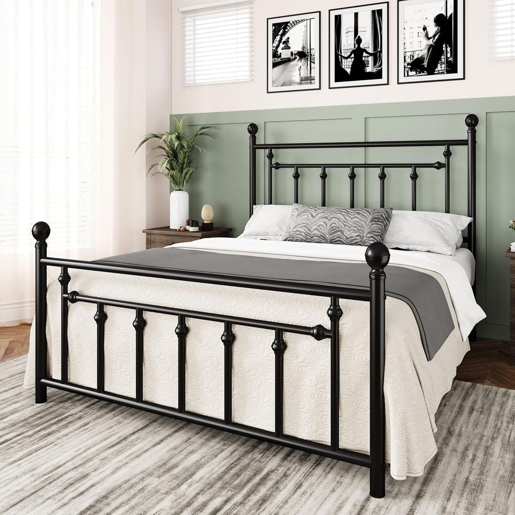 14 Inch Queen Metal Platform Bed Frame with Victorian Vintage Headboard and Footboard/Mattress Foundation/Under Bed