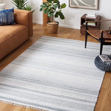 Kilim Collection Area Rug, Ivory & Light Blue, Handmade Stripe, Ideal for High Traffic Areas (KLM277M)