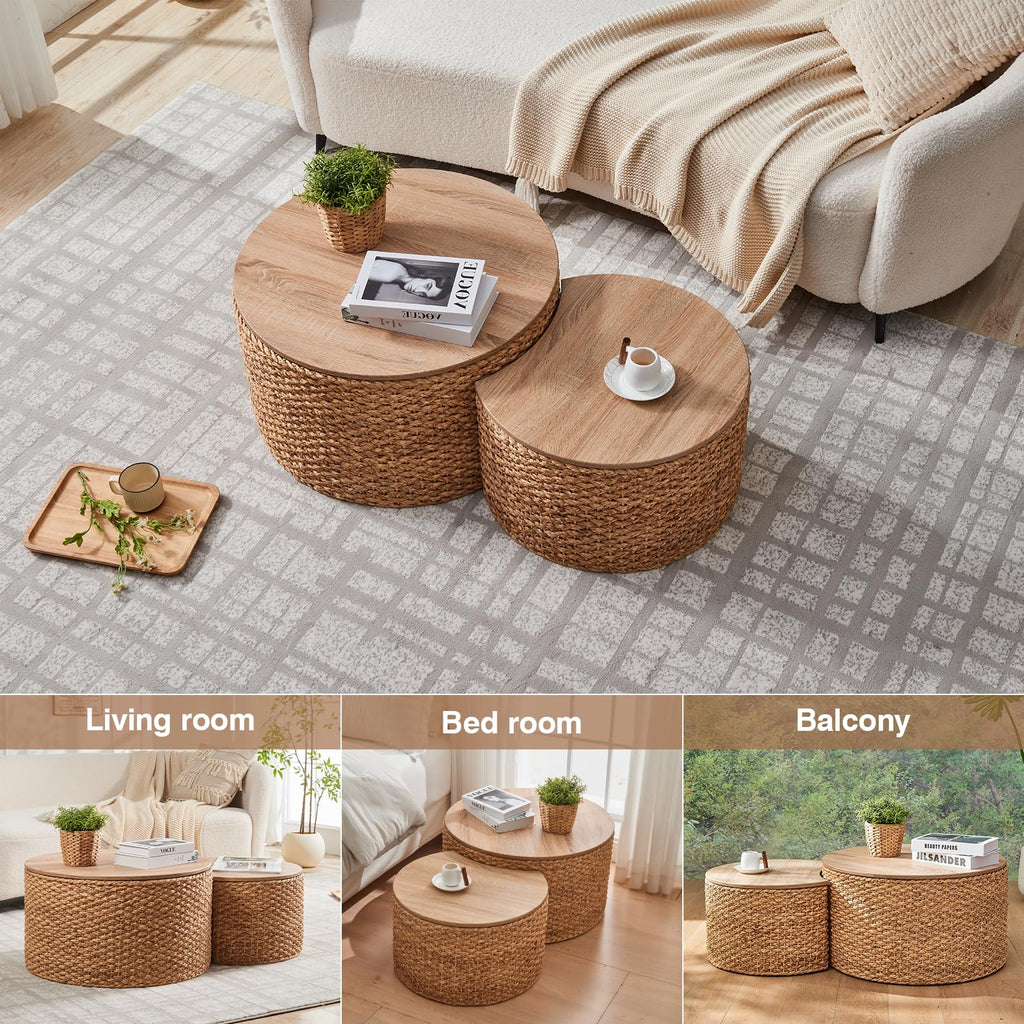 Round Nesting Coffee Table Set of 2 with Storage - Handwoven Wicker Rattan Ottoman Style, Boho Coastal Coffee Tables