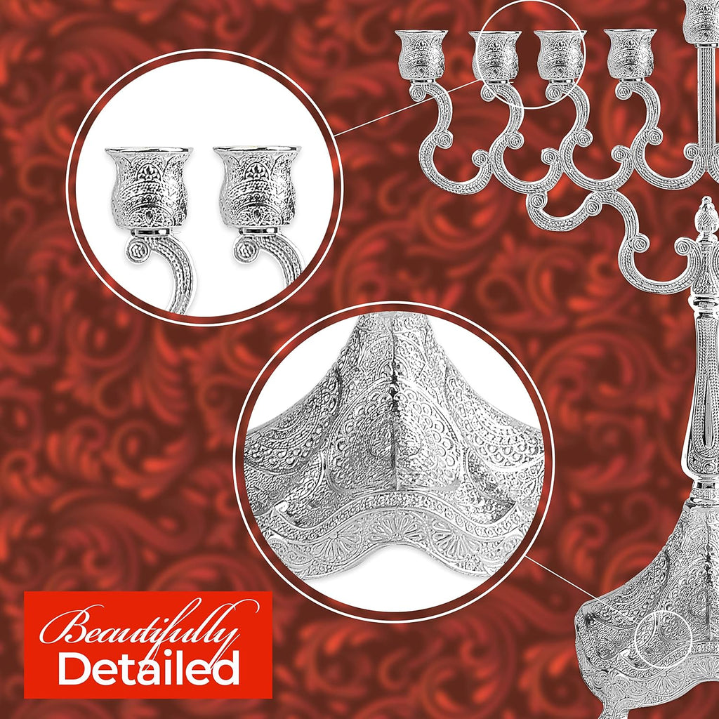 Silver Plated Candle - Fits All Standard Hanukkah Candles - Curved Branches - Embossed Design - 8" High x 6.5" Wide