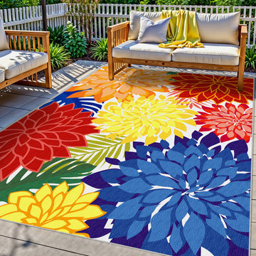 Outdoor Area Rug Washable Multicolored Patio Rug Tropical Botanical Modern Floral Outdoor Carpet Non-Slip, Deck