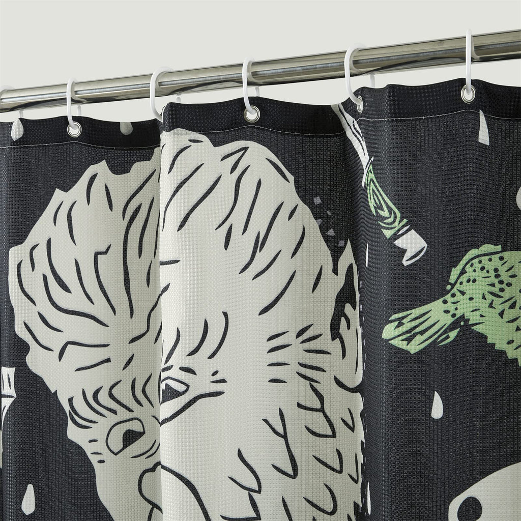 Vintage Halloween Shower Curtain Set Black, Heavy Duty Waffle Fabric, Creepy Gothic Skeleton Skulls Bats Fun Cute
