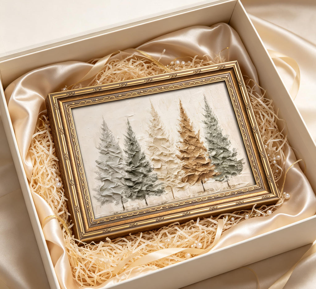 Vintage Gold Framed Christmas Tree Wall Art, 3D Textured Pine Tree Print