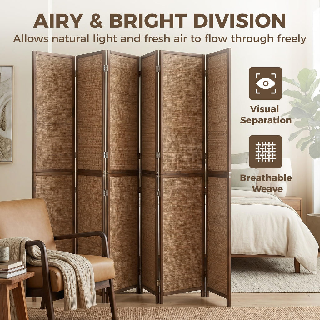6 FT Room Divider, 6 Panel Hand-Woven Bamboo Privacy Screen Brown