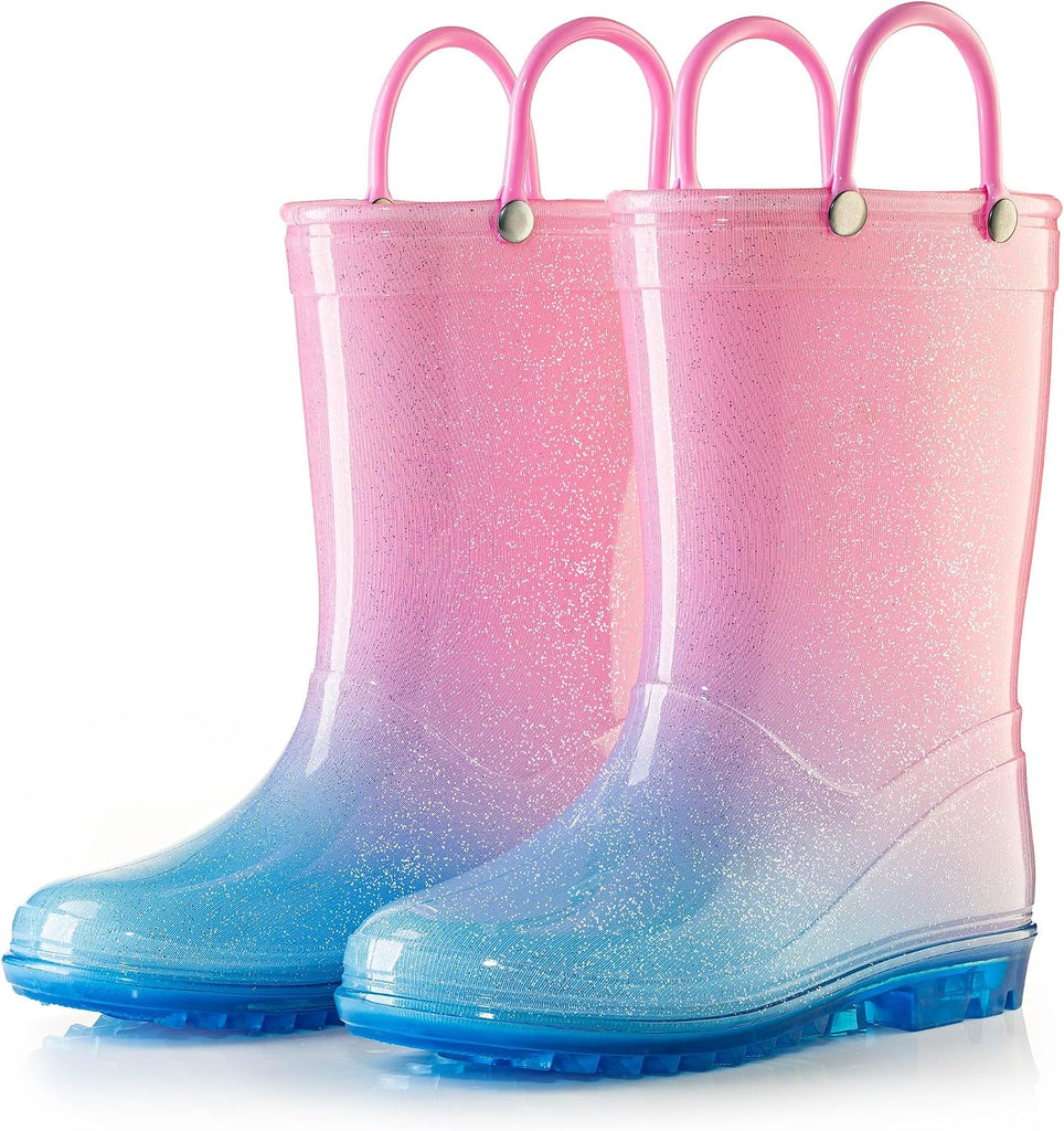 Kids' PVC Glitter Rain Boots with Easy-On Handles - Sparkly, Lightweight, for Girls & Boys - Toddler & Little Kid