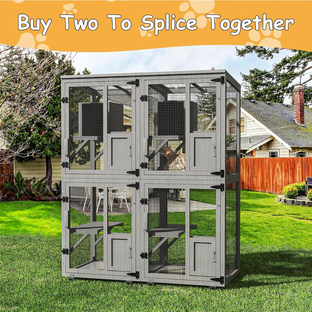 4 Tiers Catio Outdoor Cat Enclosure, Indoor Cat House with 4 Wheels, Grey