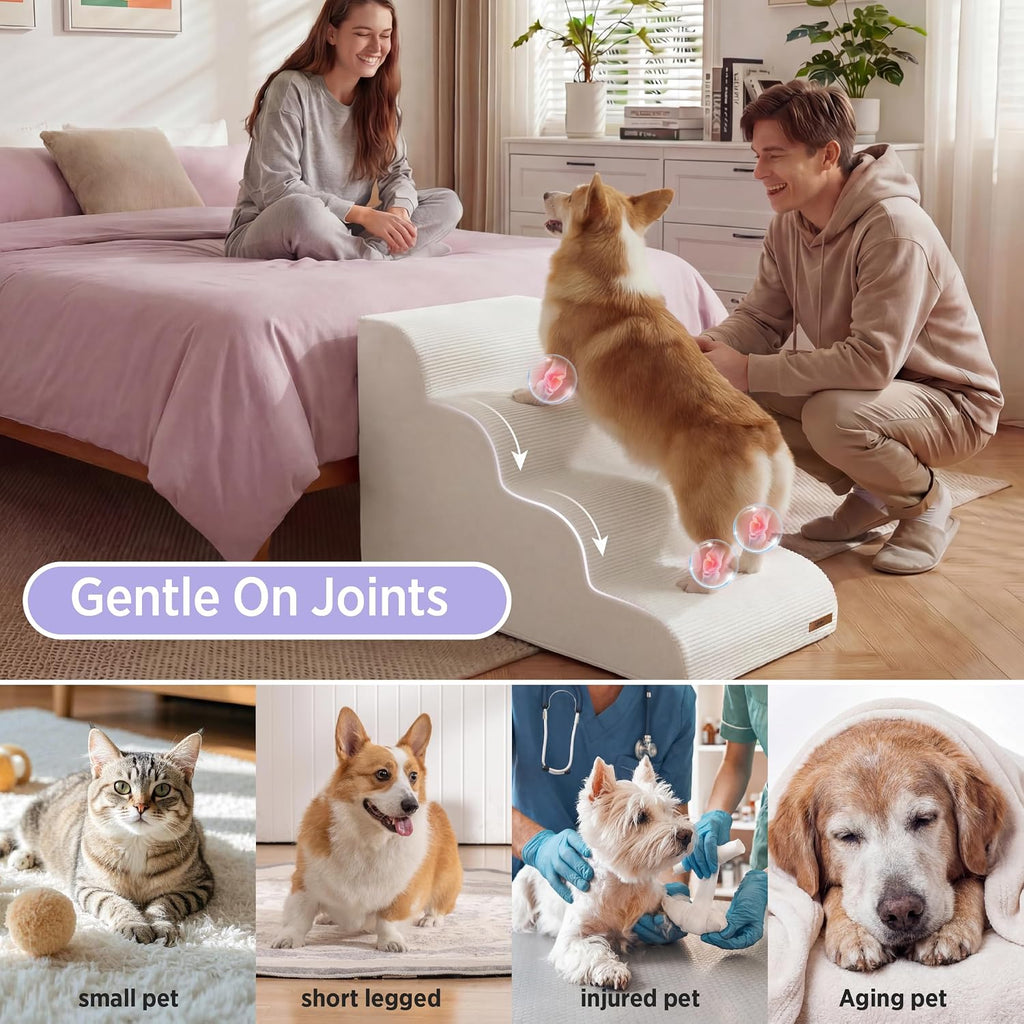 Dog Stairs for Small Dogs, Beige, 5 Step Ramp for High Bed and Couch