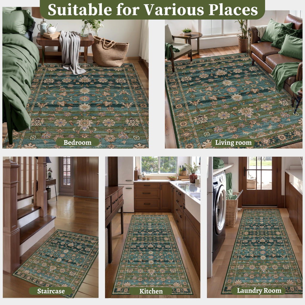 Washable Runner Rug Non Slip, 2x6 Green Gold Floral Rug