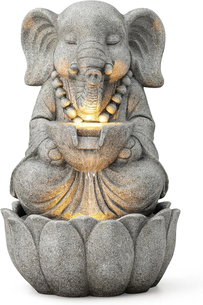 Outdoor Fountains and Waterfalls Zen-Style Concrete Resin Elephant Water Fountains with LED & Pump, Garden Patio
