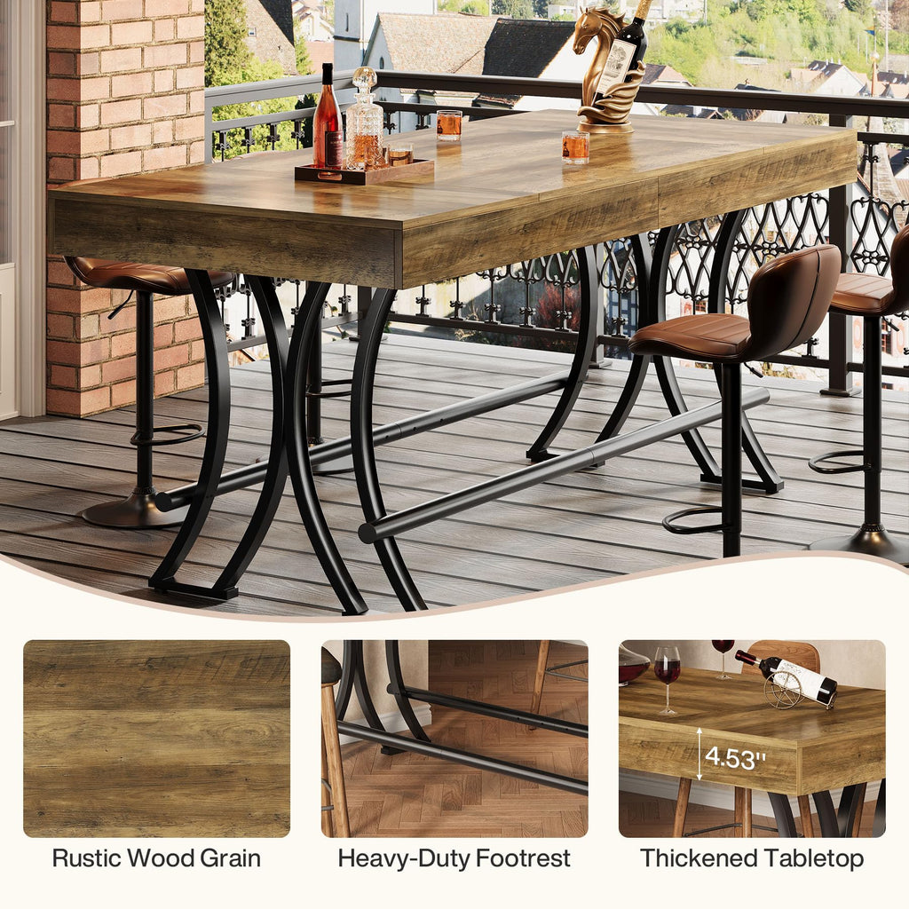 63" Counter Height Bar Table with Metal Footrest, Rectangular Tall Kitchen Dining Pub Table, Industrial Home Bar Unit