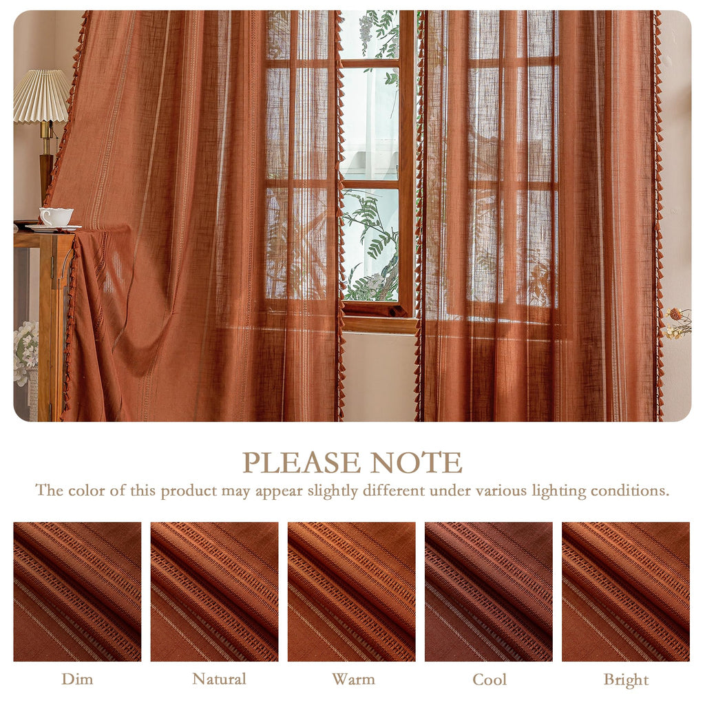 Bohemian Farmhouse Ceiling Curtains with Macrame, Semi Sheers Light Filtering Privacy Protect Hollowed-Out Window