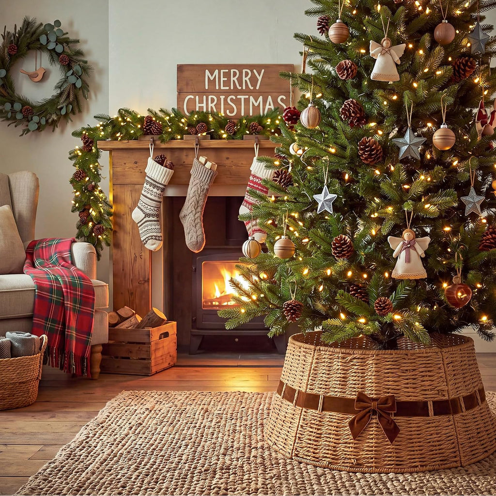 Wicker Christmas Tree Collar with Brown Velvet Bow 23.6 Inch
