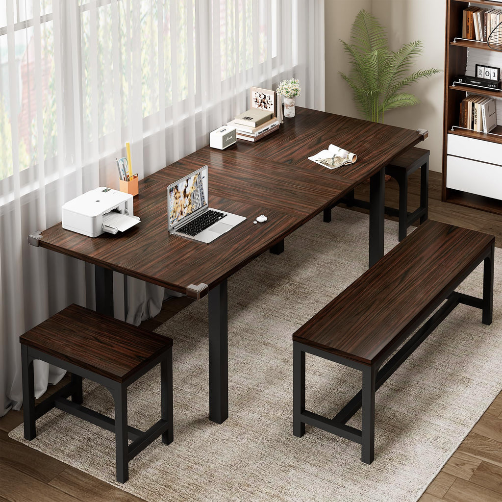 5-Piece Dining Table Set for 4-8 People, 63" Extendable Kitchen Table Set with 2 Benches and 2 Square Stools, Dining