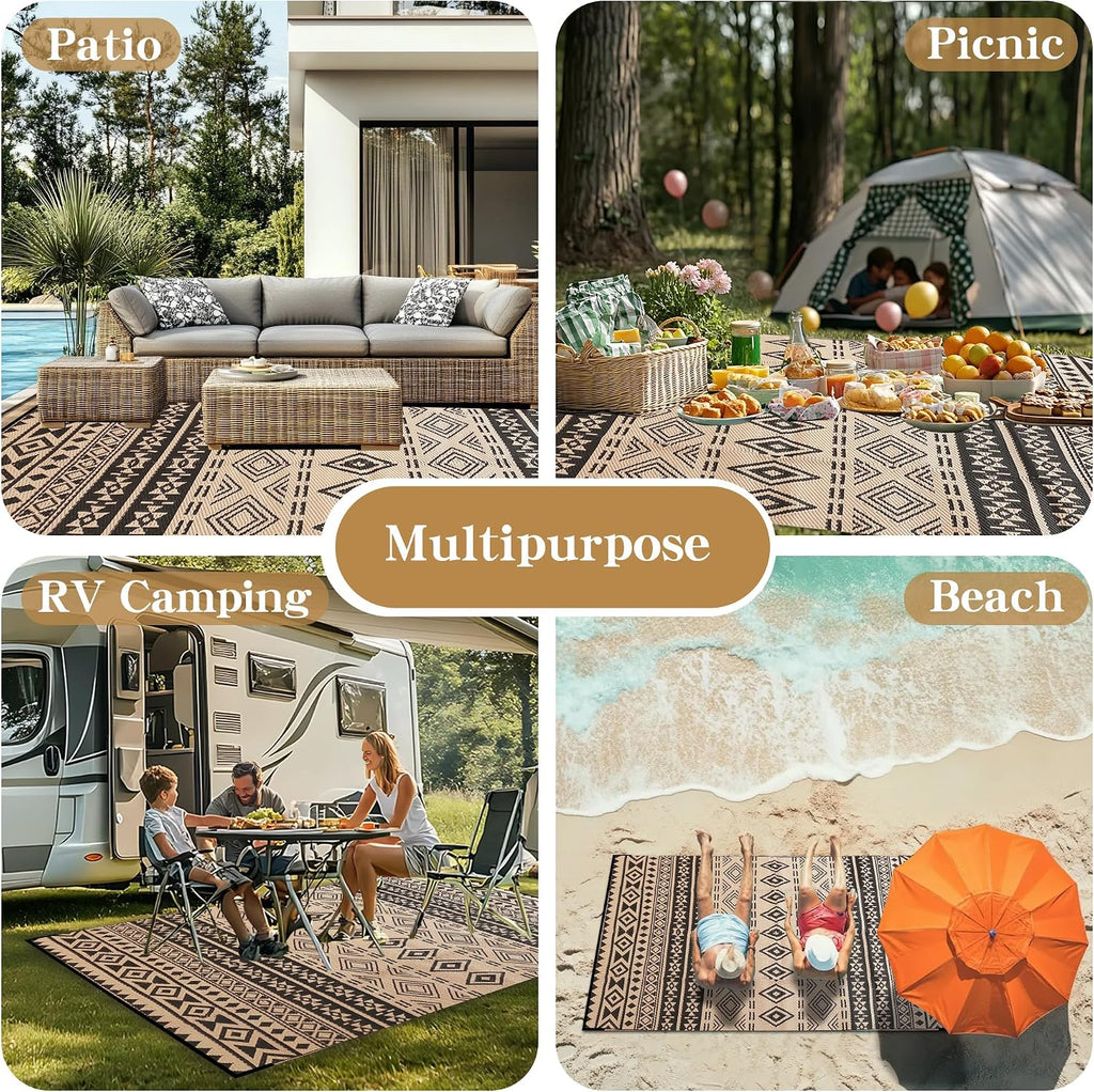 Outdoor Rug 8x10 ft, Boho Black & Beige