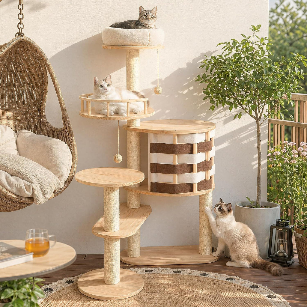 48 Inch Chessboard Solid Wood Cat Tree, Modern Cat Tower for Indoor Cats