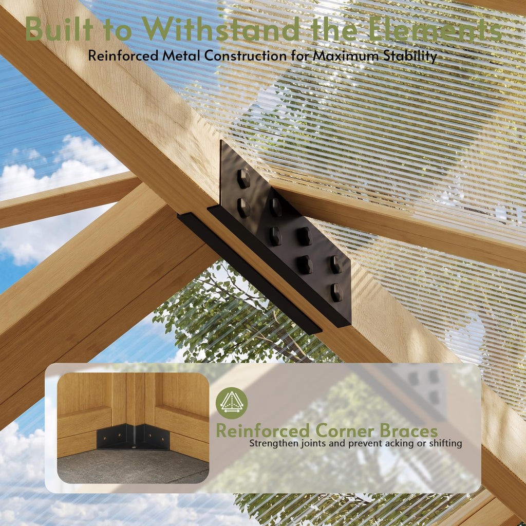 7x8Ft Wooden Greenhouse, 9mm PC Panel Greenhouses for Outdoors