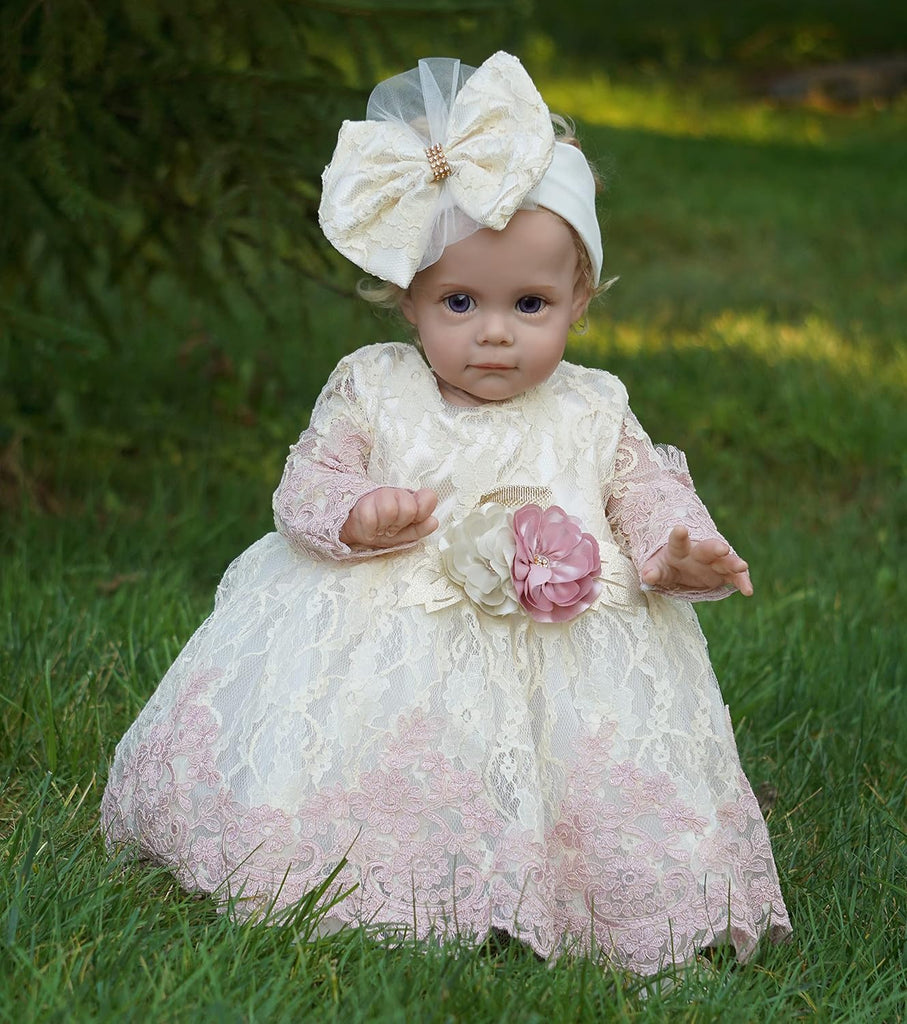 Newborn Baby Girl Lace Dress Set, 4pc Outfit for Special Occasions (US, Age, 0 Months, Pink, Ivory, Double Rose)