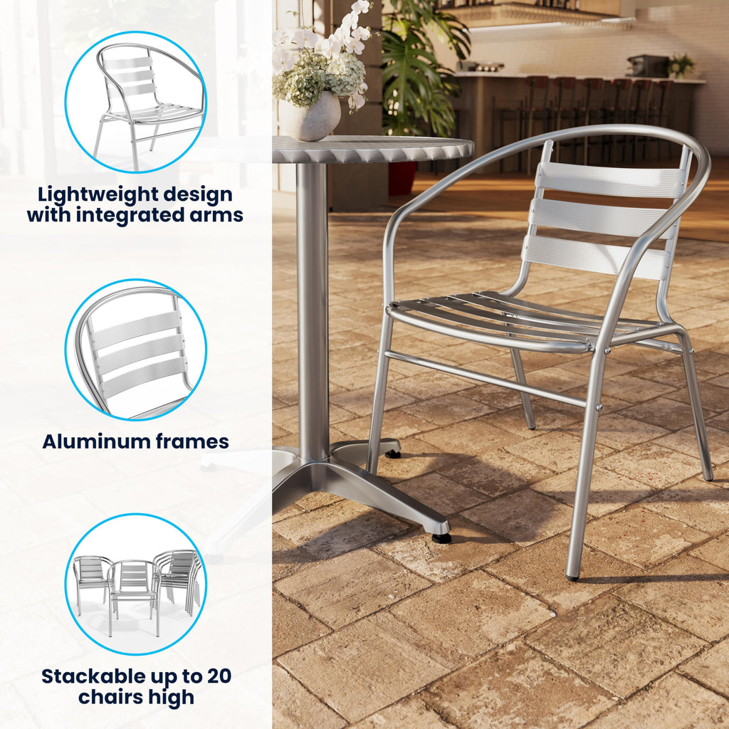 Lila 4 Pack Commercial Aluminum Indoor-Outdoor Restaurant Stack Chair with Triple Slat Back and Arms