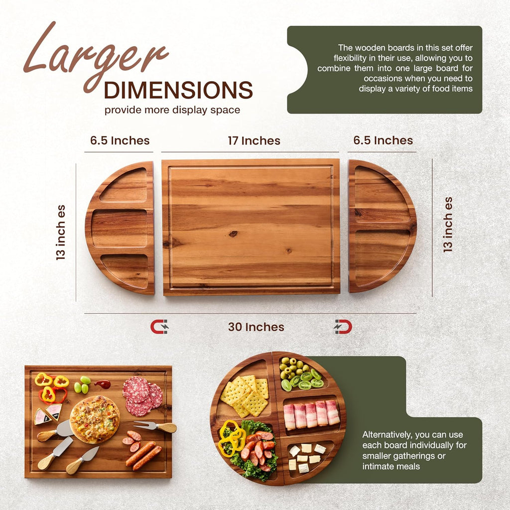30" Large Acacia Wood Charcuterie Board with 4 Knives Set, Magnetic | Removable 3 Parts, Magnetic, No Assembly Wooden