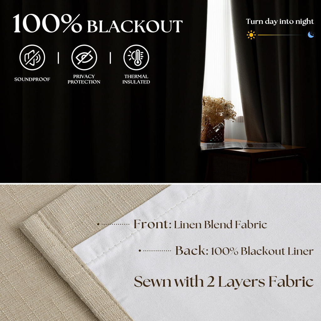 Oatmeal 120 Inch Blackout Pinch Pleated Curtains 2 Panel Set Darkening Thick Linen Textured 100% Black Out Soundproof