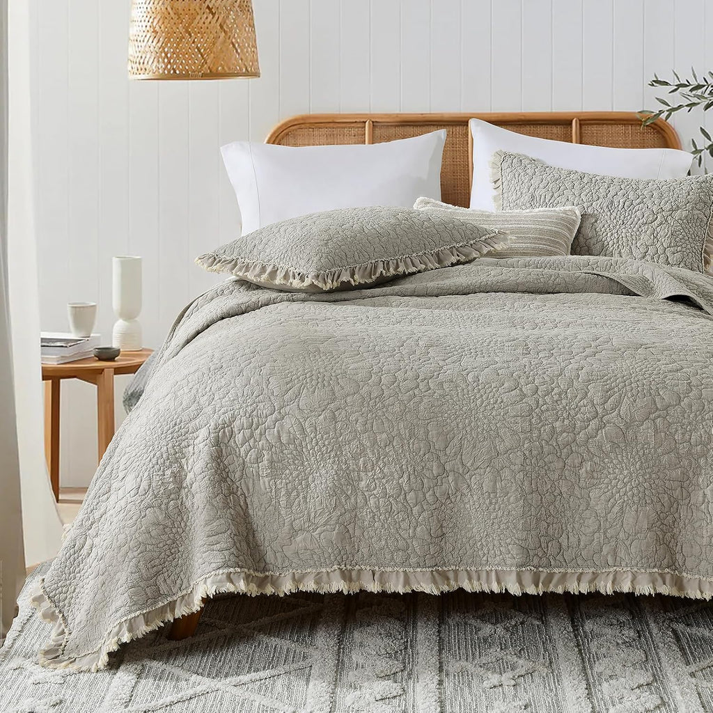 Beige Ruffled Quilt Queen, Stone-Washed Microfiber Lightweight Crinkled Farmhouse Rustic Shabby Chic Bedding Set, 3