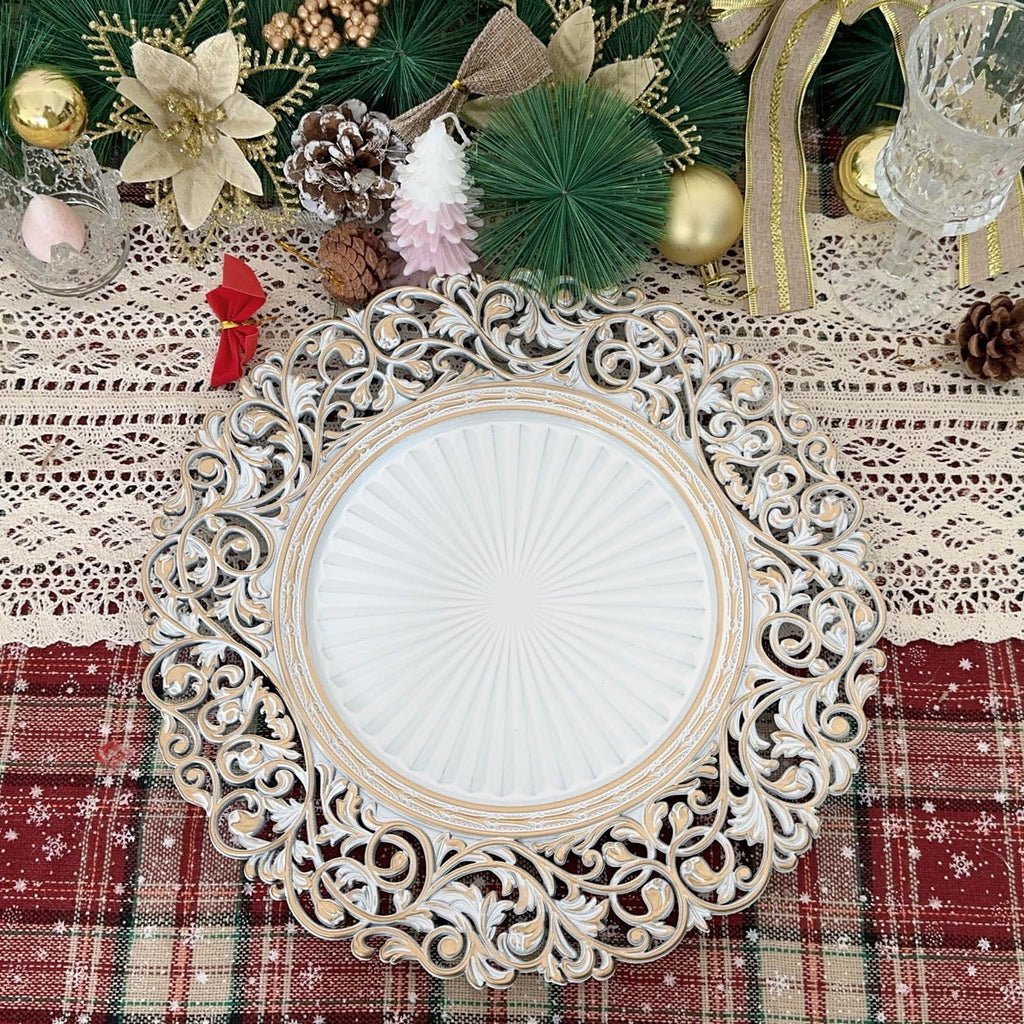 13inch Round Plastic Charger Plates, Set of 8, Charger Plates for Dinner, Wedding, Party, Event Decoration. (White gold
