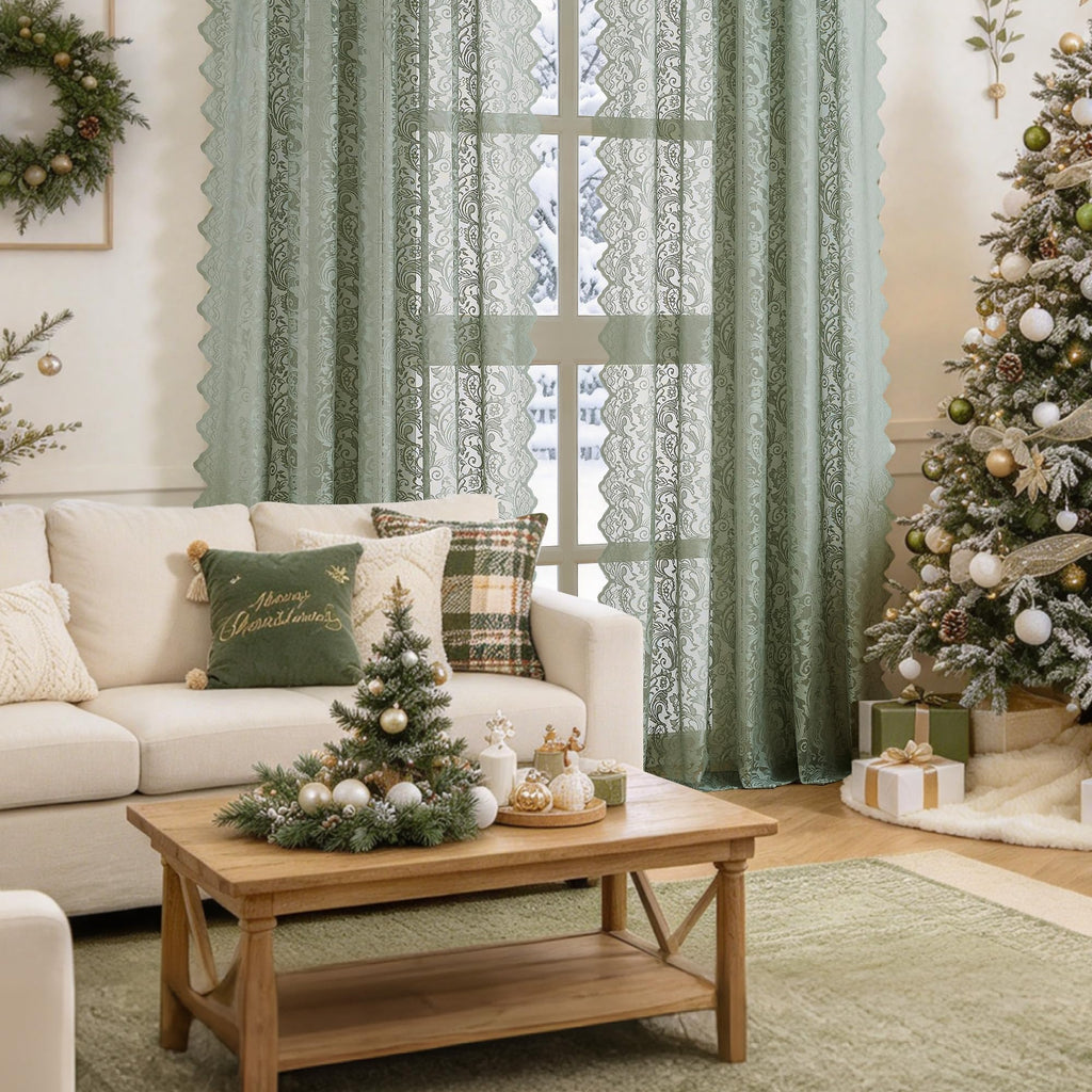 Sage Green Lace Sheer Curtains Small Window Boho Vintage Floral Embroidered Drapes with Scalloped Edge, Light
