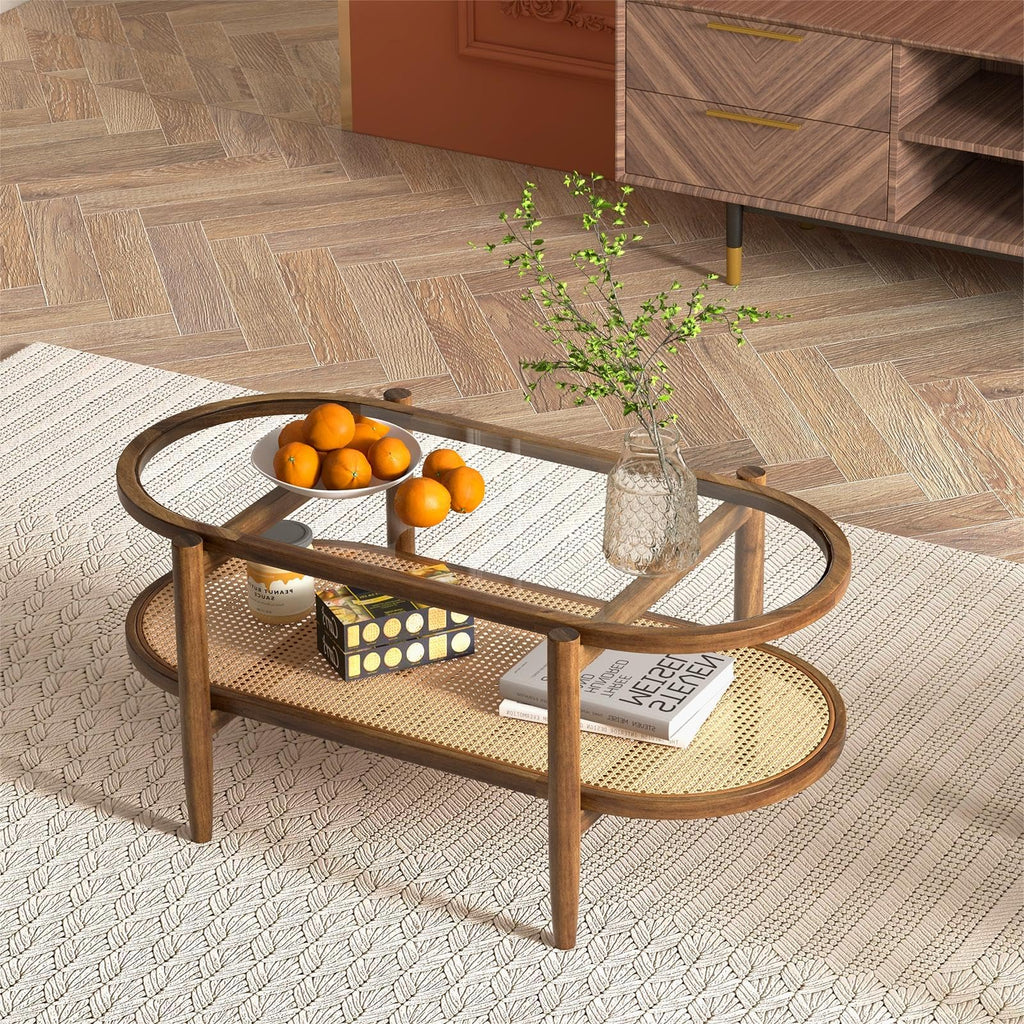Boho Coffee Table, 2-Tier Center Table with Tempered Glass Tabletop & PE Rattan Storage Shelf, Mid Century Modern Tea