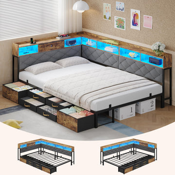 Corner Bed Frame with 7 Drawers, LED Lights, Rustic Brown