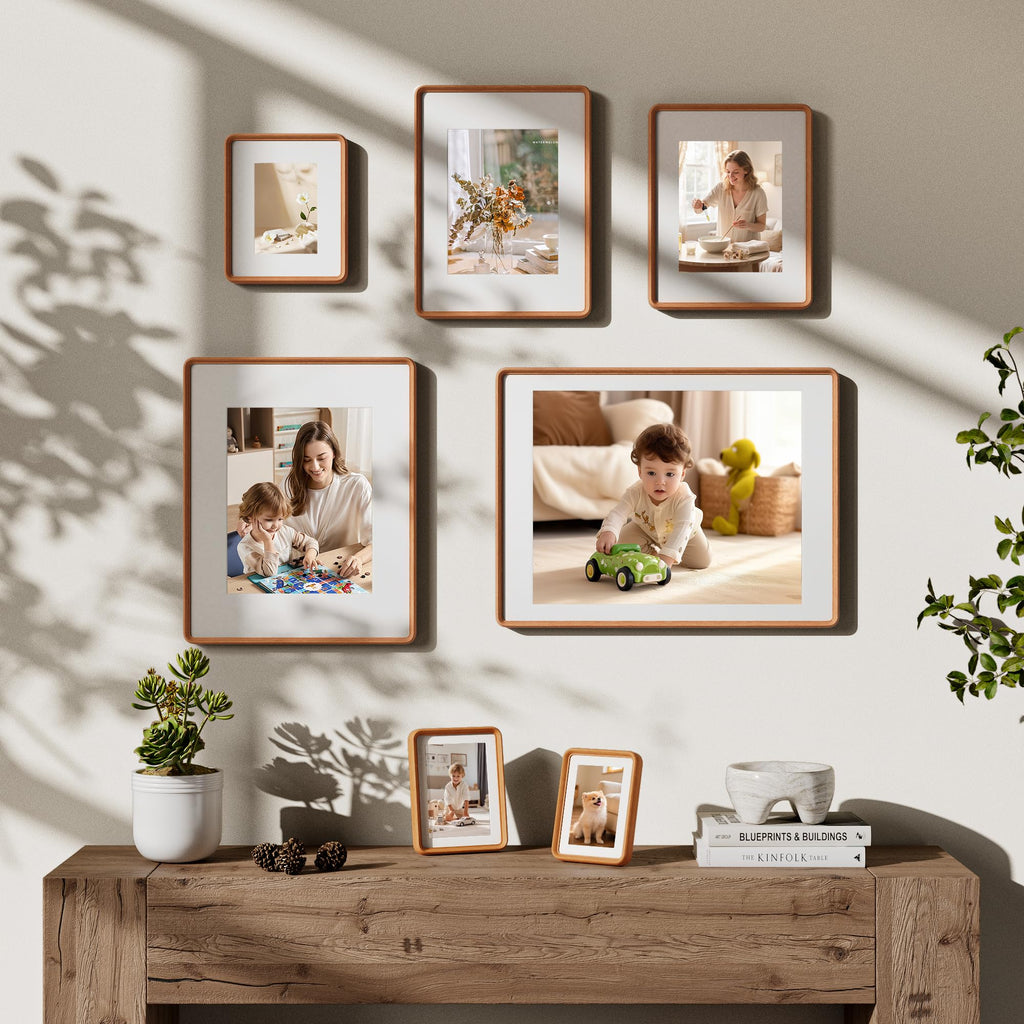 11x14 Picture Frame, Solid Teak Wood, Rounded Corners, Matted 8x10