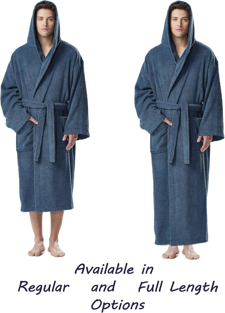 Men's Hooded Classic Bathrobe Turkish Cotton Robe with Full Length Options
