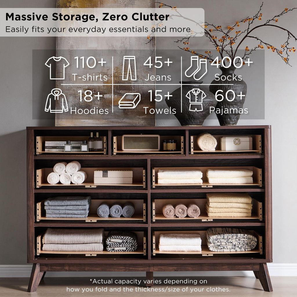 54" Wide Fluted 9 Drawer Dresser, Dark Walnut
