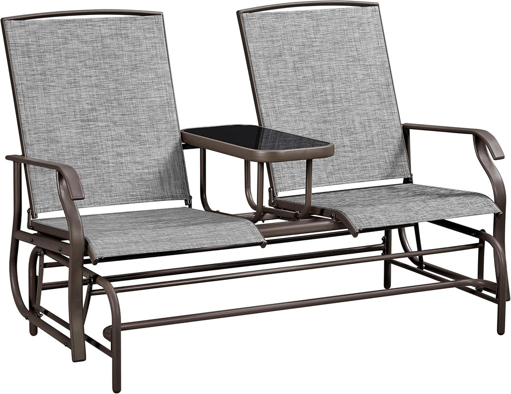 Outdoor Glider Bench Patio Loveseat with Table, Gray | Steel frame, Texteline fabric and tempered glass table provide