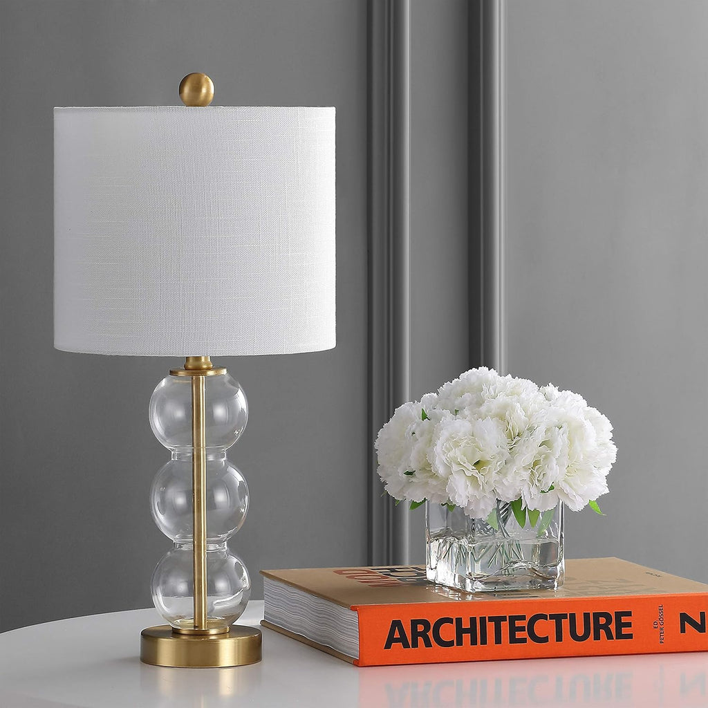 21" Clear/Brass Gold Glass Table Lamp and Living Room, White Linen Shade, Modern Stacked Sphere Bedside Lamp
