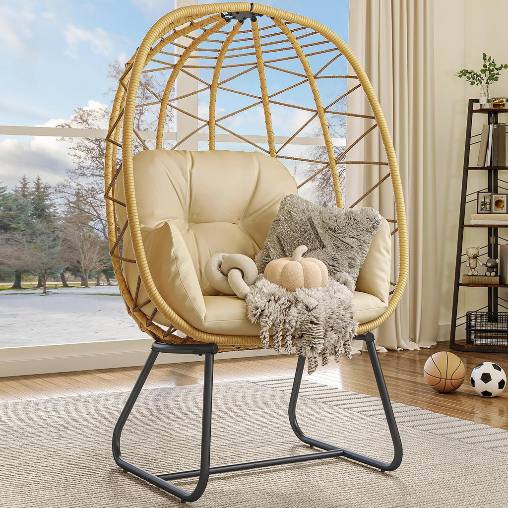 Egg Chair with Stand, Outdoor Egg Chair w/Premium PE Rattan Beige | 330lbs Egg Chair w/Weatherproof Rattan Weave &