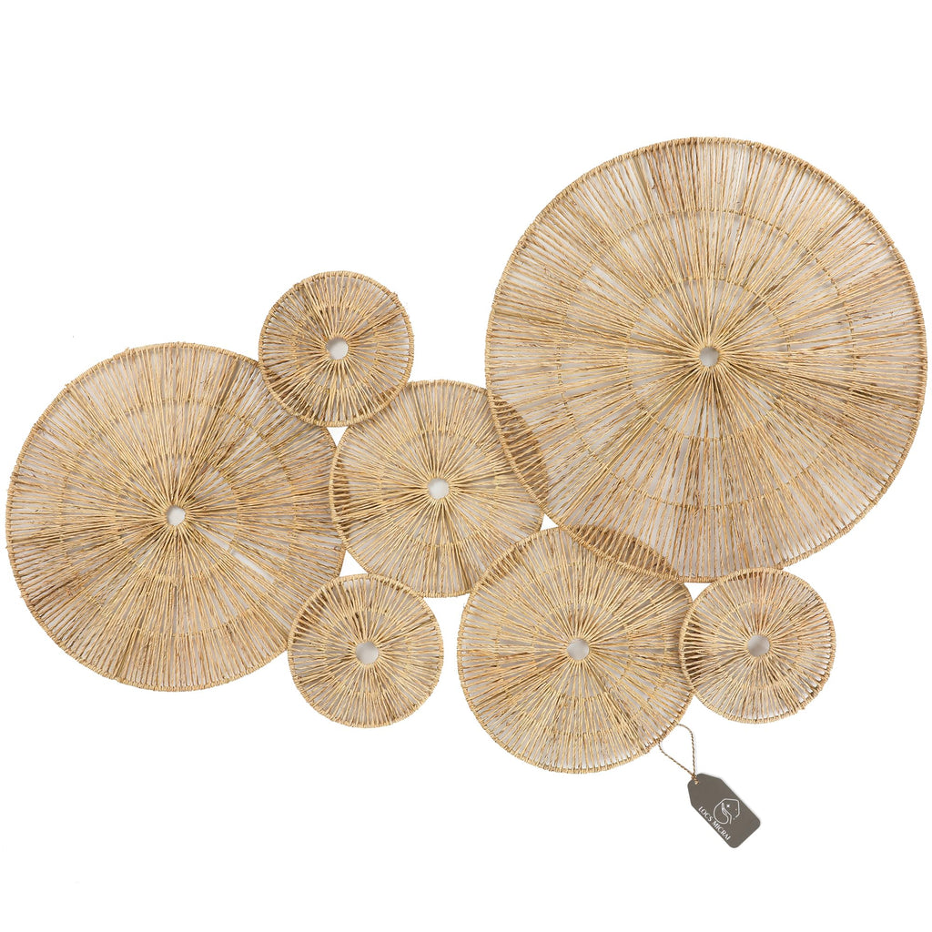 Set of 7 Boho Wall Decor - 18-Inch Handcrafted Woven Jute Hanging Basket Decor - Unique Large Round Flat Wall baskets
