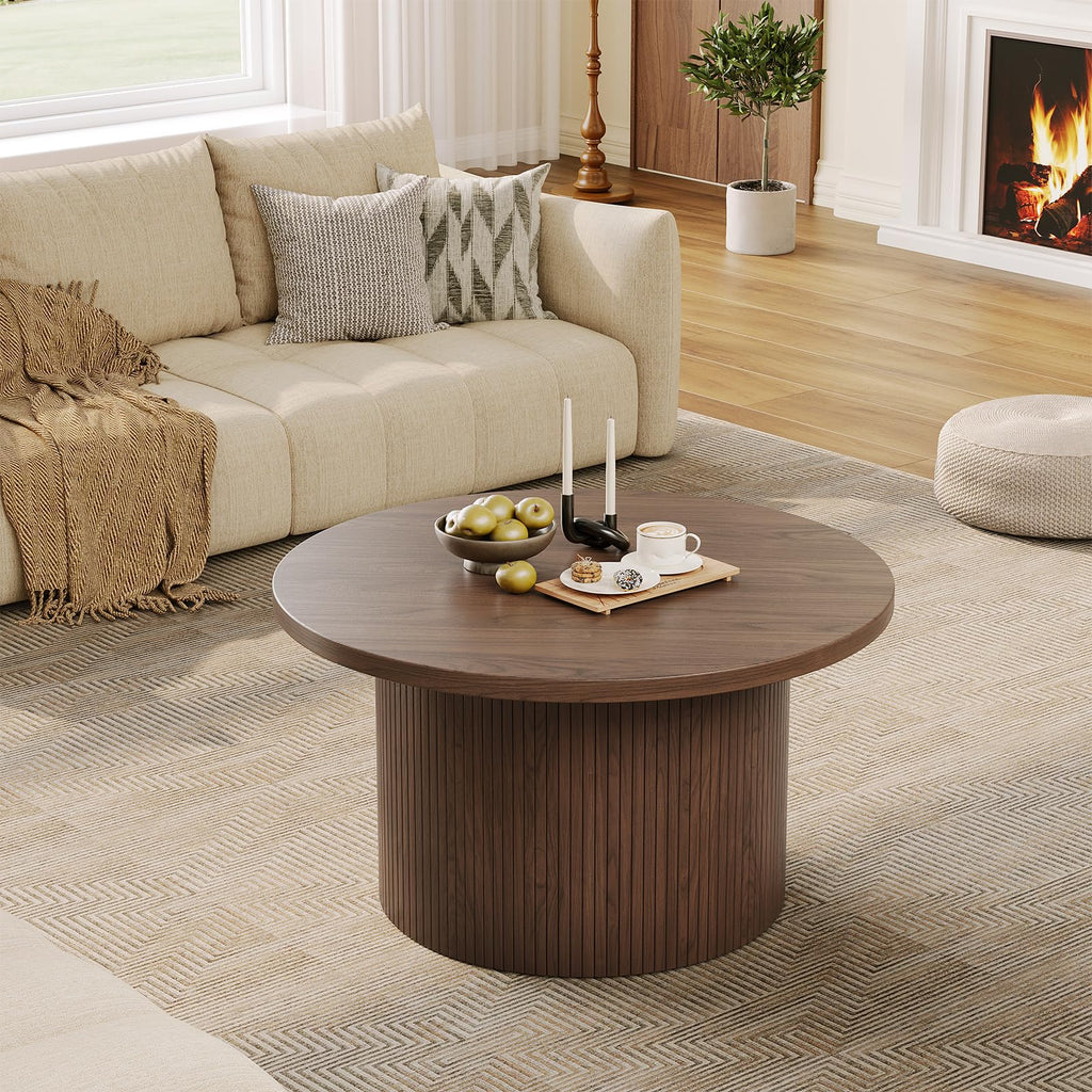 31.5" Round Coffee Table, Mid Century Modern Fluted Drum Table