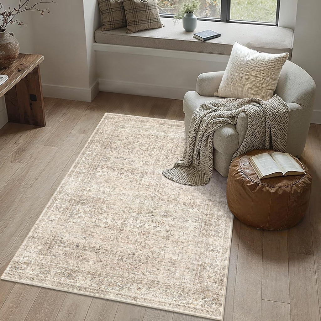 3x5 Beige Area Rug Washable Vintage Neutral Non Slip Distressed Entryway Rugs, Soft Low Pile Retro F