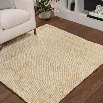 Hiro Hand Woven Chunky Jute Ivory Square Indoor Area Rug, Bohemian, Transitional, Easy-Cleaning, Pet Friendly