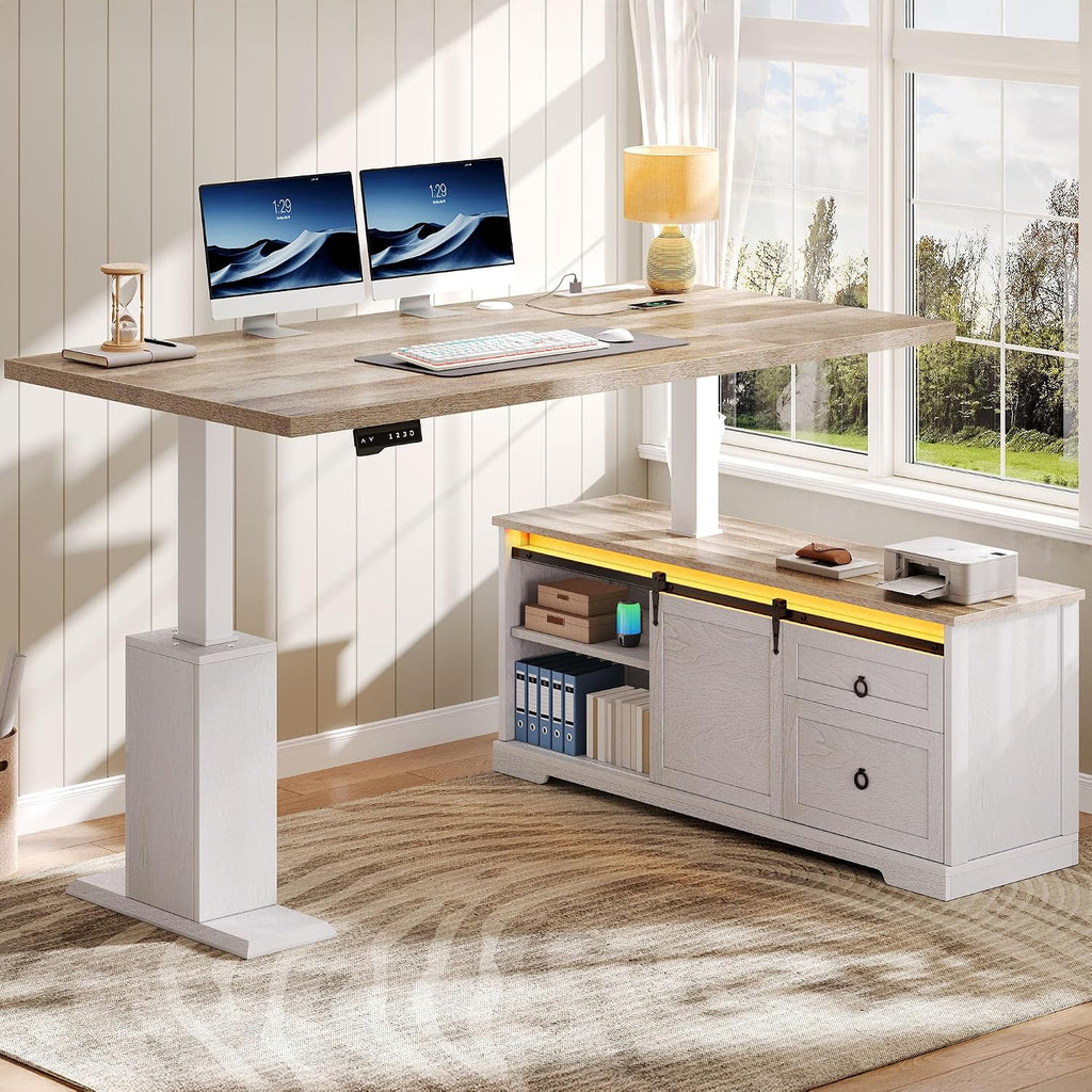 L Shaped Standing Desk with Power Outlets & LED Lights | 63" Farmhouse Electric Standing Desk Adjustable Height Sit