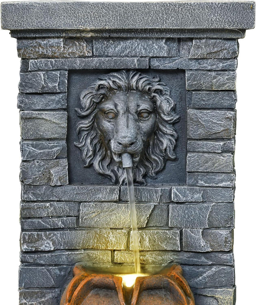 32'' Outdoor Water Fountain, Lion Head Floor-Standing Stone Waterfall Fountain with LED Lights