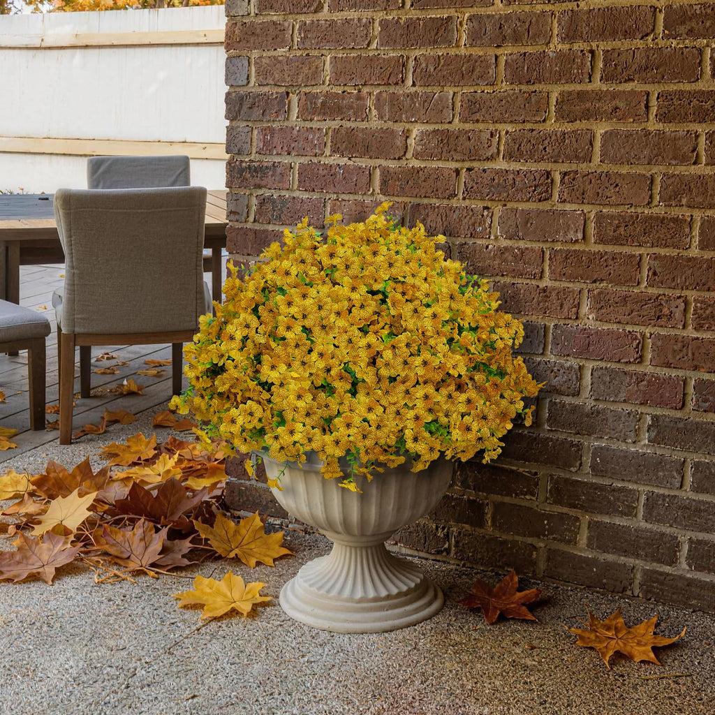 Artificial Fall Mums Outdoor Flowers, UV Resistant Faux Autumn Daisy Plants, Fake Orange Chrysanthemum Bush for Front